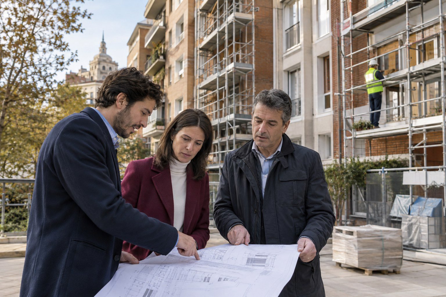 Rehabilitación de comunidades en Madrid: técnicos planifican la obra de un edificio residencial