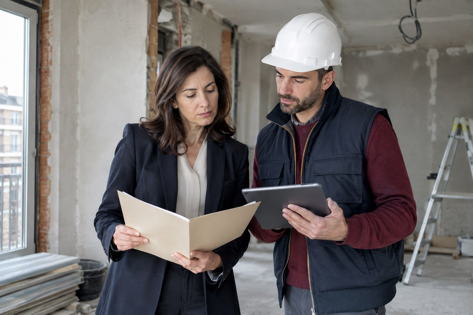 REA en la Comunidad de Madrid: técnico revisa la documentación de una empresa de construcción