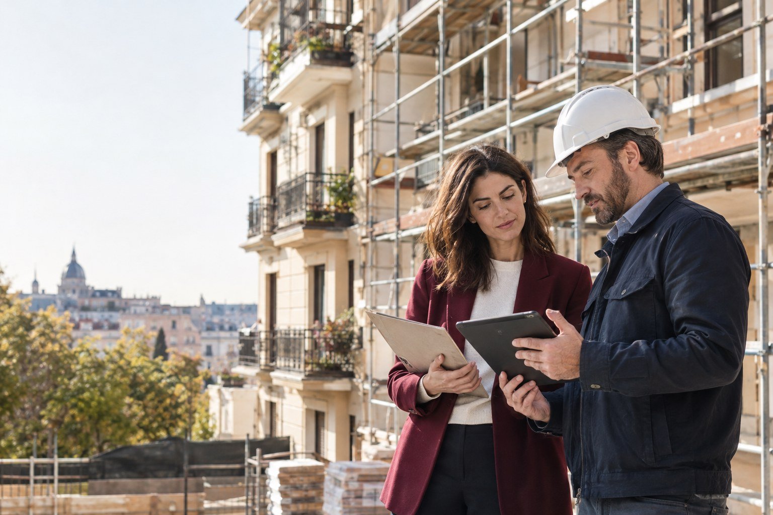 Responsable de obra y técnico revisan documentación antes de contratar una empresa inscrita en el REA en Madrid